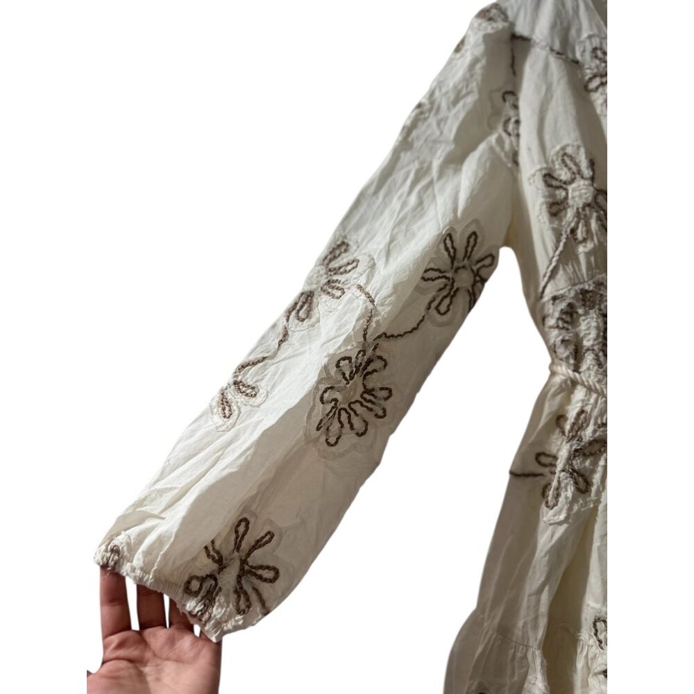 Camellia Embroidered 3D Floral Cottage Mini Dress Women Medium Cream Puff Sleeve - Picture 11 of 16